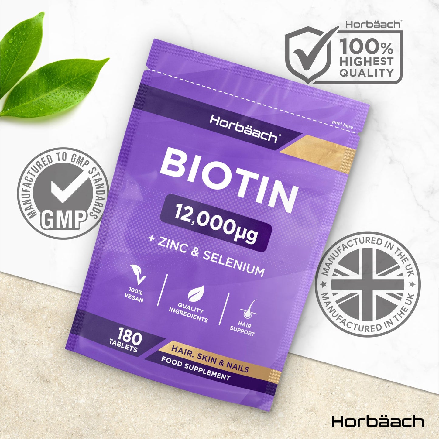Horbäach Biotin Tablets 12000ug | 180 Count | High Strength Complex with Zinc and Selenium | Vegan Supplement | by Horbaach
