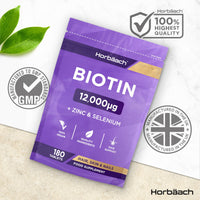 Horbäach Biotin Tablets 12000ug | 180 Count | High Strength Complex with Zinc and Selenium | Vegan Supplement | by Horbaach
