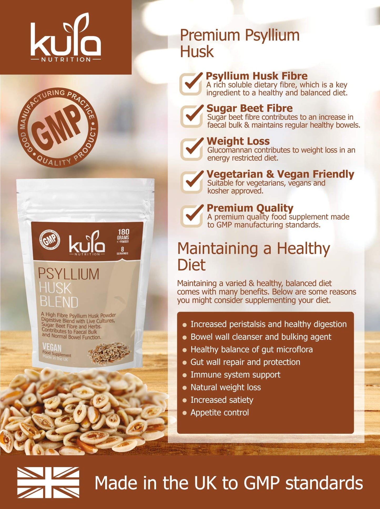 Psyllium Husk Colon Cleanse and Detox Powder - with Glucomannan, L-Glutamine, Inulin, Fennel, Peppermint, Ginger, Live Cultures & Fibre - Supports Bowel Function - 180g (18 x Servings)