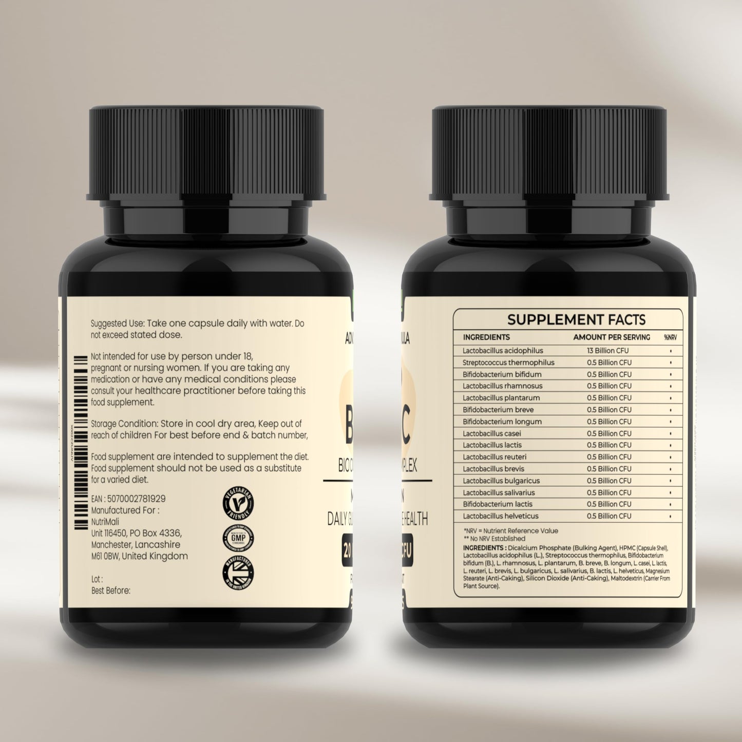 NutriMali Probiotics – Advanced Bio Culture Complex | 20 Billion CFU – 15 Strain Daily Gut & Digestive Health Supplement | 3 Month Supply – 90 Vegan Capsules | Ideal with Prebiotics – Made in UK