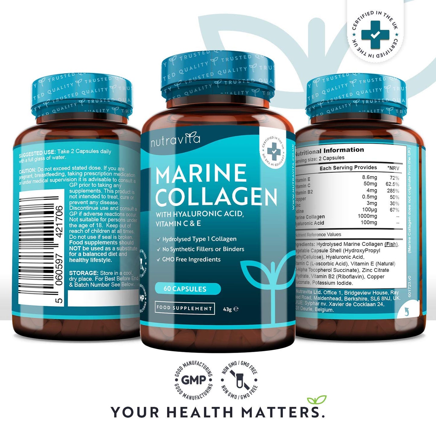 Marine Collagen 1000mg - 60 Capsules of Superior Type 1 Hydrolysed Collagen - Enhanced with Hyaluronic Acid, Vitamin C, Vitamin E, Vitamin B2, Zinc, Copper and Iodine - Made in The UK by Nutravita