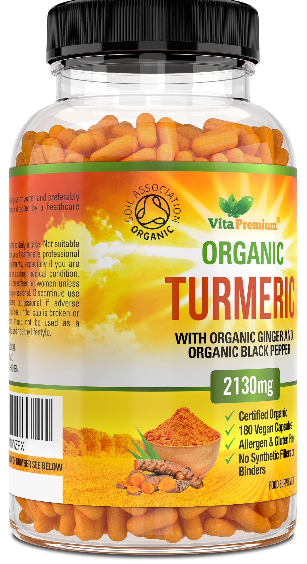 Vita Premium Organic Turmeric Curcumin with Organic Ginger and Organic Black Pepper - 180 Vegan Capsules (up to 6 Month Supply) - High Strength Tumeric Herbal Supplement