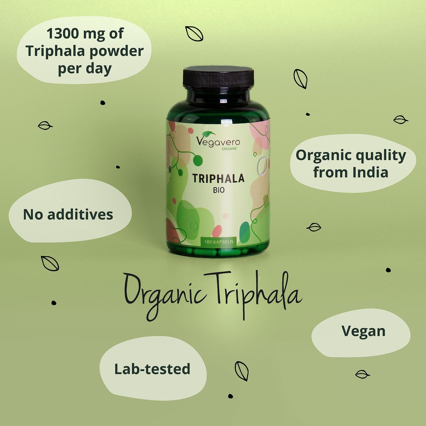 Pure Triphala Powder Organic Vegavero® 1300mg | 180 Capsules (3 Month Supply) | NO Additives, Lab-Tested | Ayurveda Products | Gut Health Supplements & Immune System Booster | Vegan