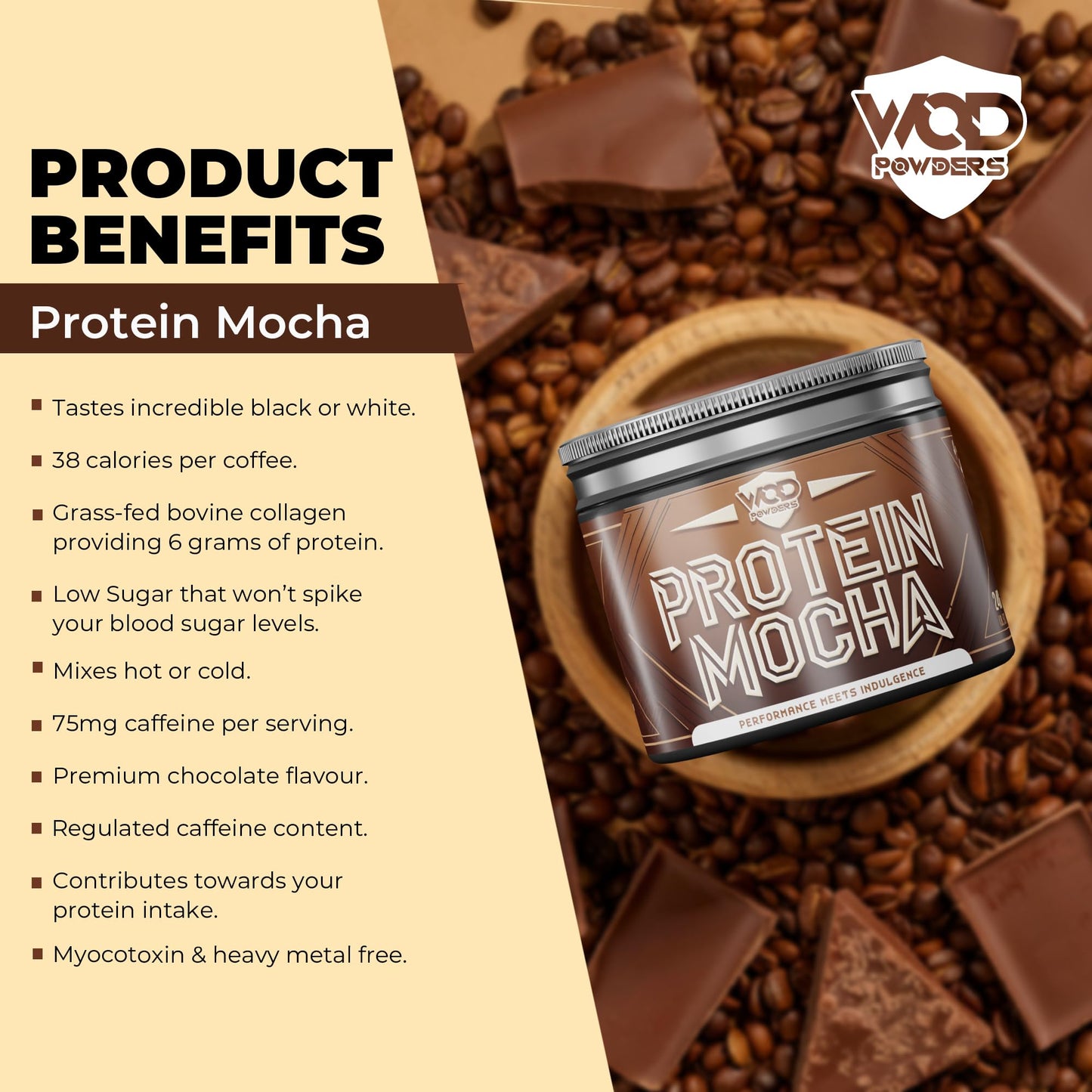 Protein Mocha | High Protein, Barista Grade Mocha, Grass-fed Bovine Collagen | 240g Tub with Scoop | Branded TrueStart with Hydrolysed Collagen | 6 Grams of Protein per Cup - Made by WOD Powders