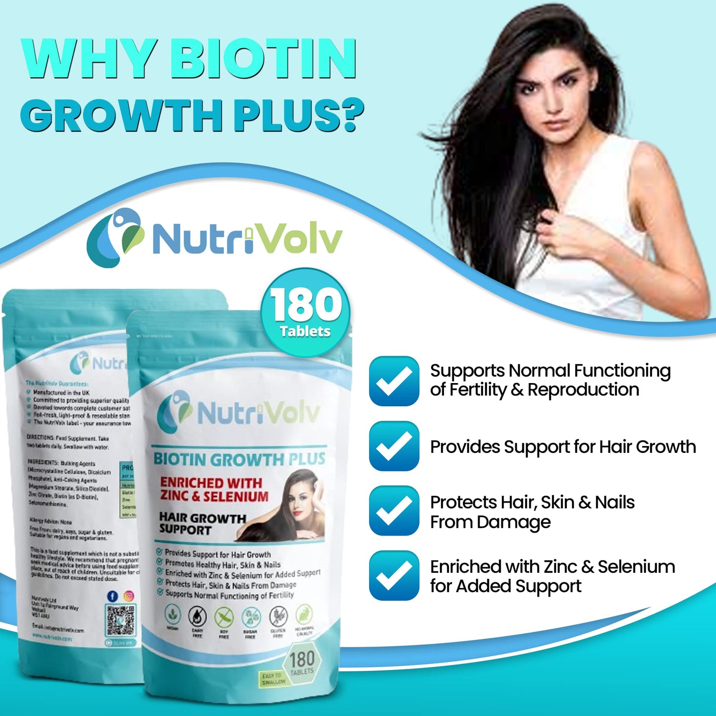 Nutrivolv Biotin Hair Growth - Zinc & Selenium - 180 Tablets - 10000ยตg - Hair Skin & Nails