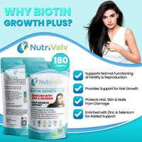 Nutrivolv Biotin Hair Growth - Zinc & Selenium - 180 Tablets - 10000ยตg - Hair Skin & Nails