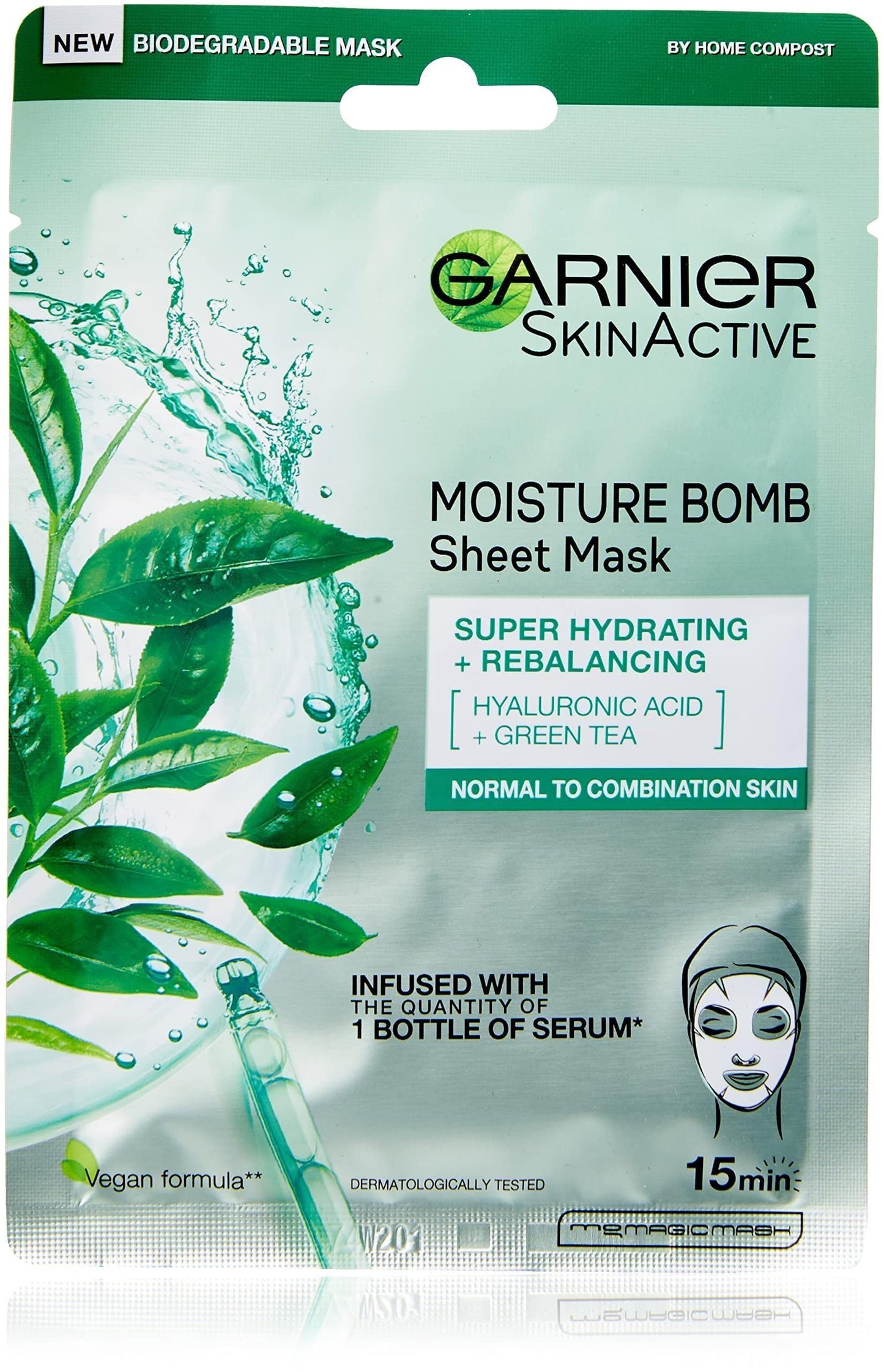 Garnier Moisture Bomb Green Tea and Hyaluronic Acid Sheet Mask, Hydrating & Rebalancing Face Mask, For Sensitive Skin, Biodegradable and Vegan Tissue, 28g