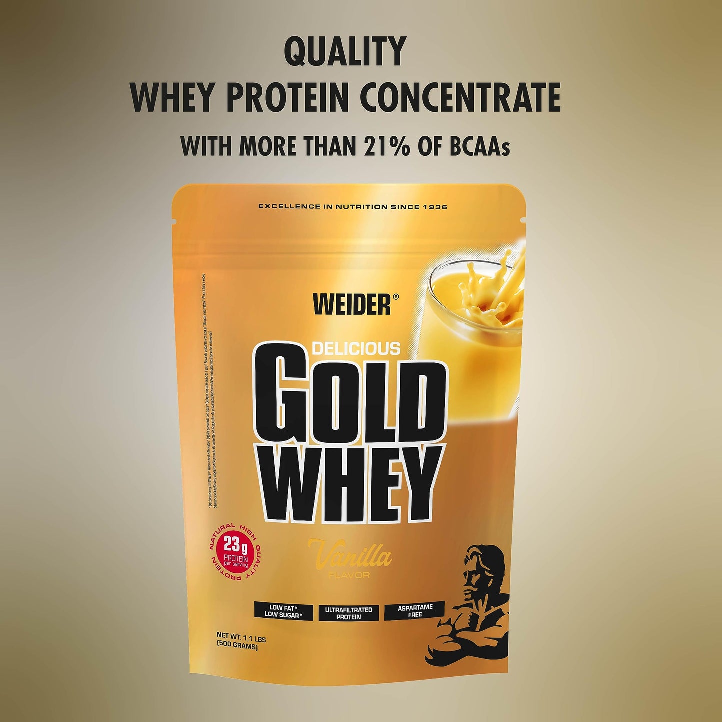 Weider Gold Whey Protein, Vanilla, Natural Protein Source, 24g of Protein Per Serving, 500g