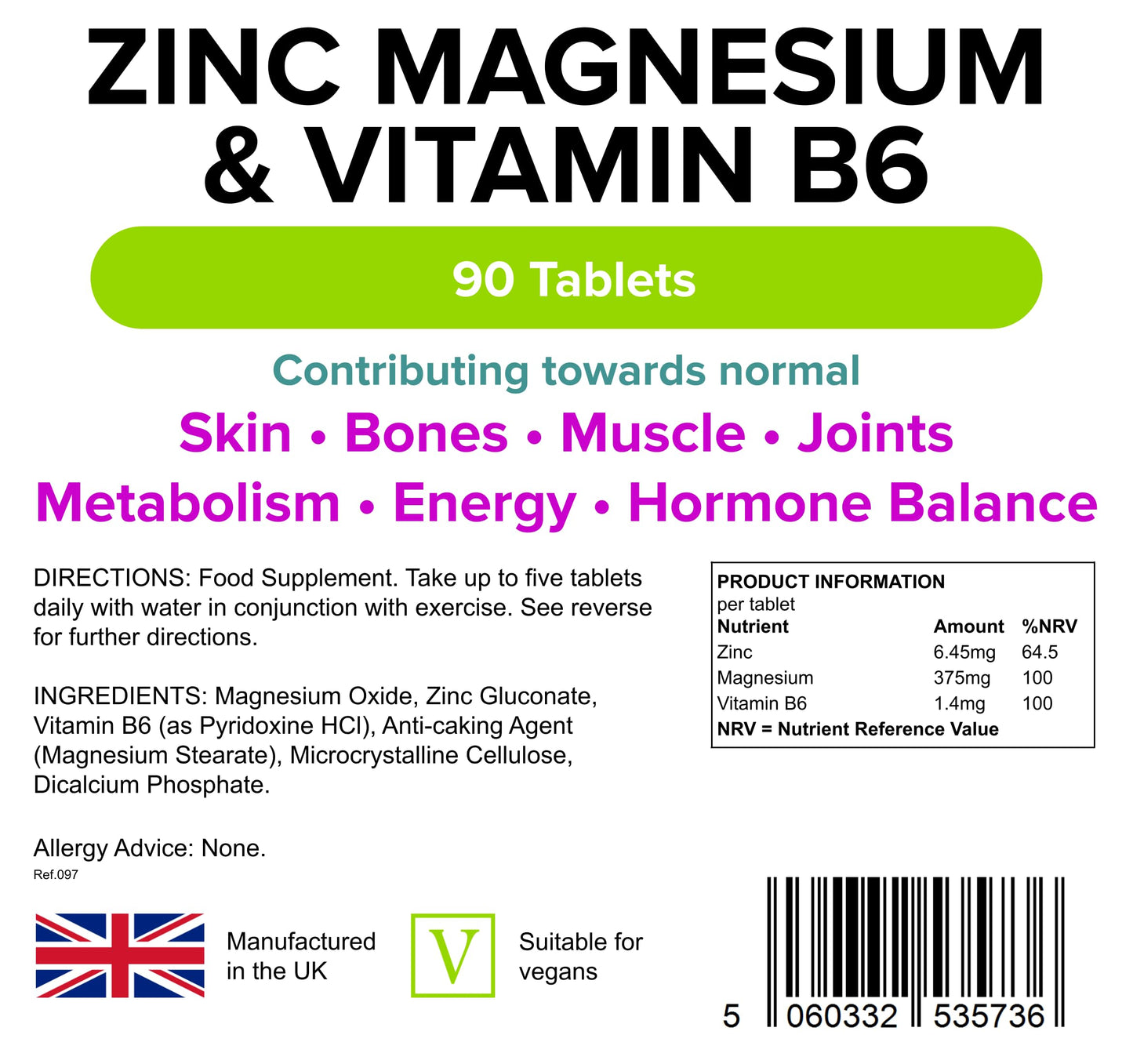 Lindens Zinc, Magnesium and Vitamin B6 Complex Tablets - 90 Pack - Reduction of Tiredness and Fatigue - UK Manufacturer, Letterbox Friendly