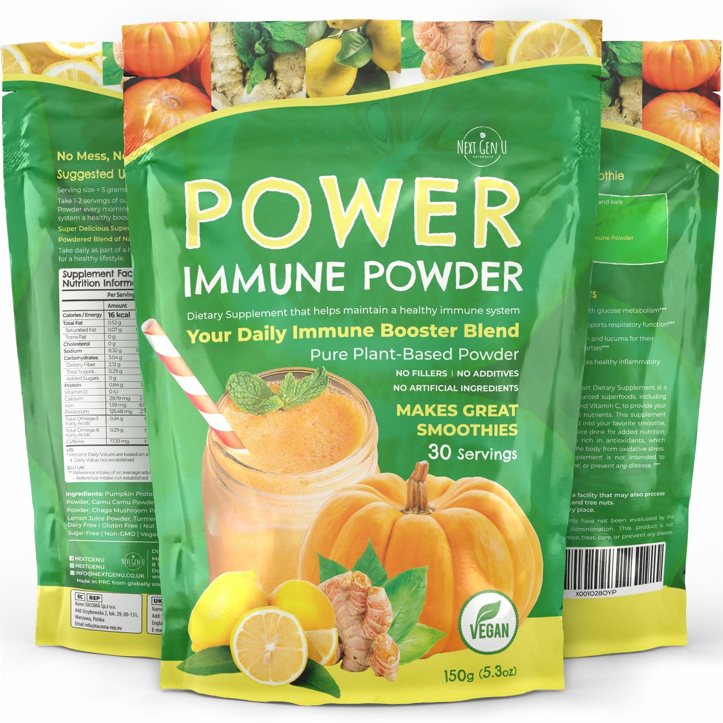 NGU Next Gen U Immune Support Supplement Powder - 150g - Superfood Booster for Adults - Vegan Immunity Health Powder for Smoothies - Plant Based and Gluten Free with Natural Vitamins + Antioxidants - by NextGenU