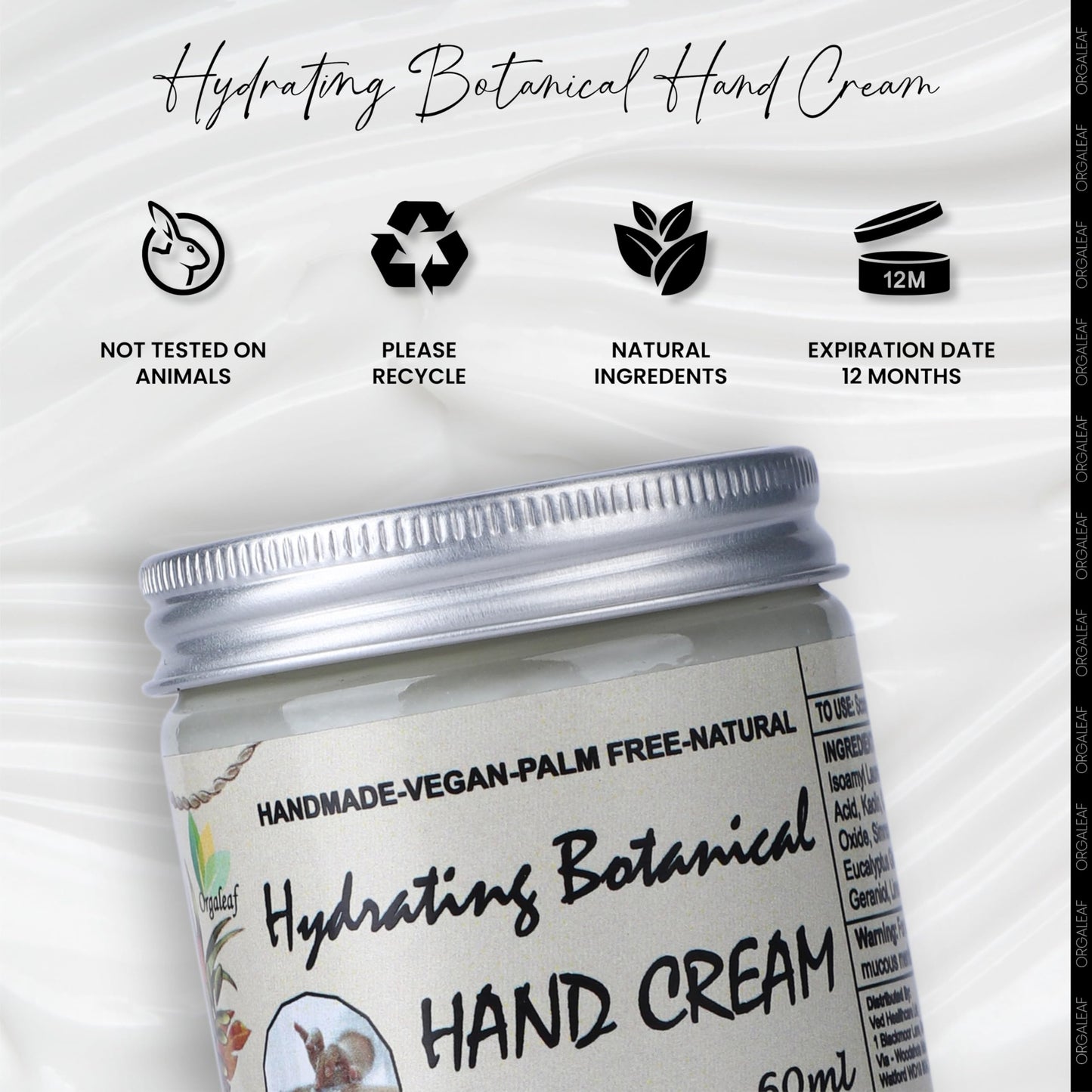 Orgaleaf Hand Cream, Hydrating Botanical Hand Cream, Vegan, Hand Made, Natural, 60 ml