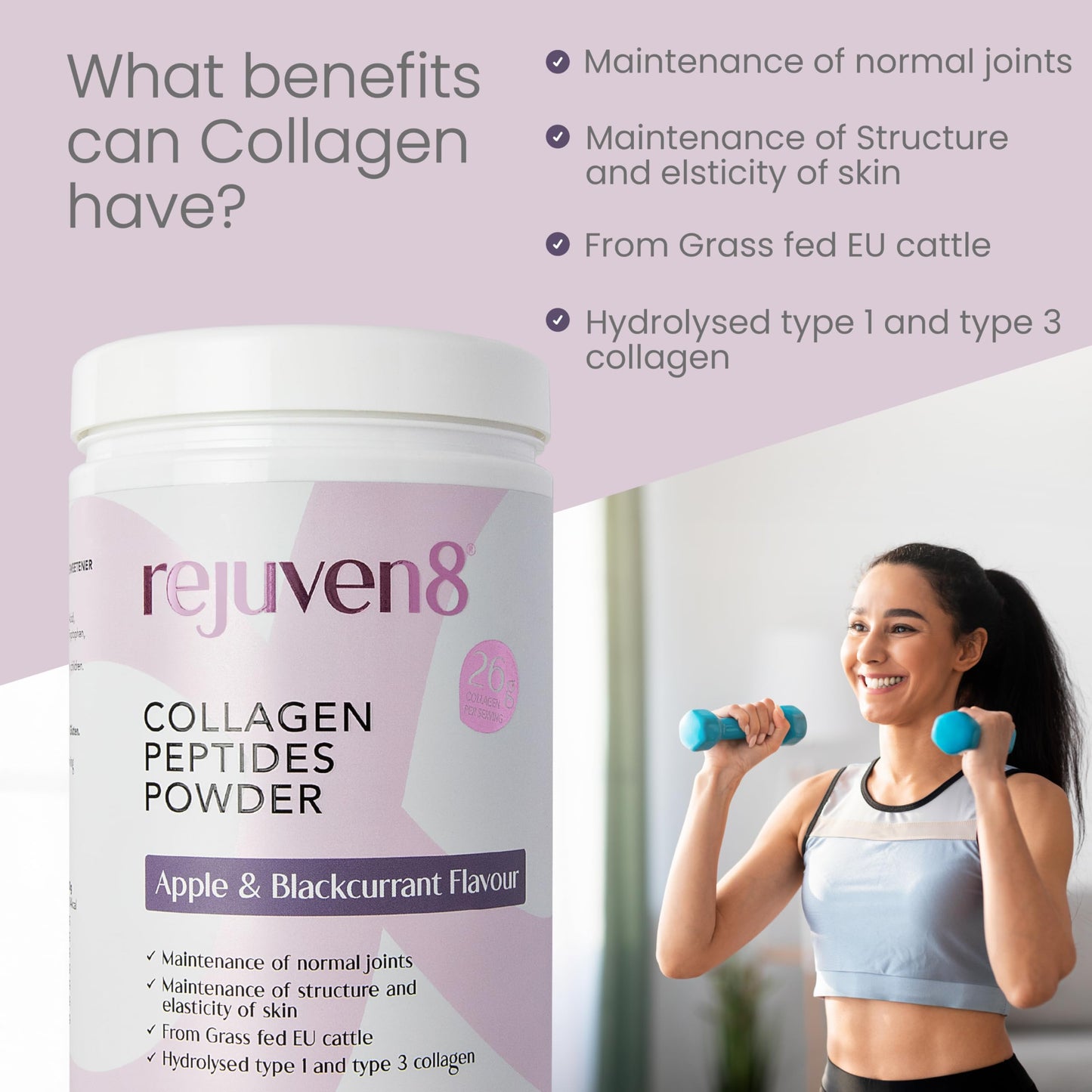 Rejuven8 Collagen Peptides Powder 400g Apple & Blackcurrant - 26g of Collagen and 24g of Protein Per Serving - Grass Fed Bovine Collagen Powder for Women & Men - Protein Collagen Powder