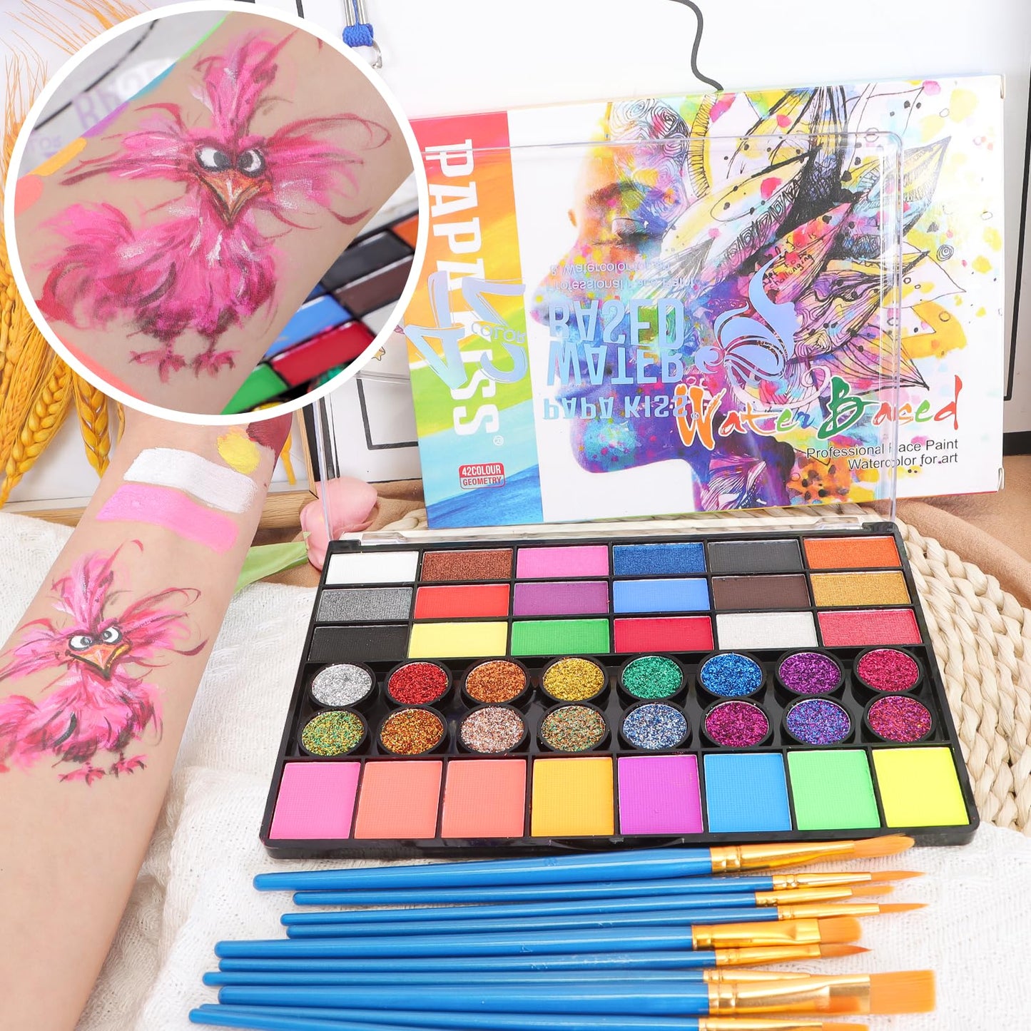 Zefphxs Face Painting Kit, 42 Colors Body Paint With 10 Pcs Brushes, Safe & Non-Toxic Washable for Children Adults Halloween Christmas Party
