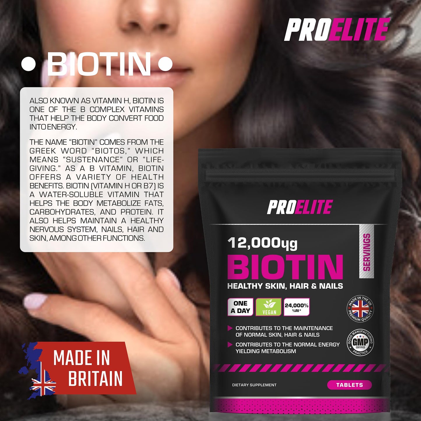 Biotin Hair Growth Supplement 12,000mcg - 60 Vegan High Strength Biotin Tablets - Hair and Nails Vitamins for Women & Men - Supports Hair, Skin & Nail Growth Vitamin B7 Tablets - PROELITE