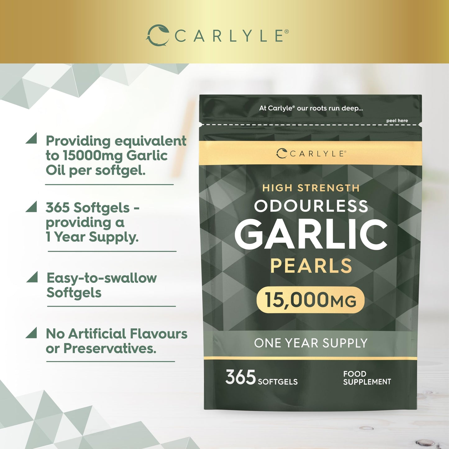 Odourless Garlic Capsules 15000mg | 365 Count | High Strength Garlic Oil | One Year Supply | No Artificial Preservatives | by Carlyle