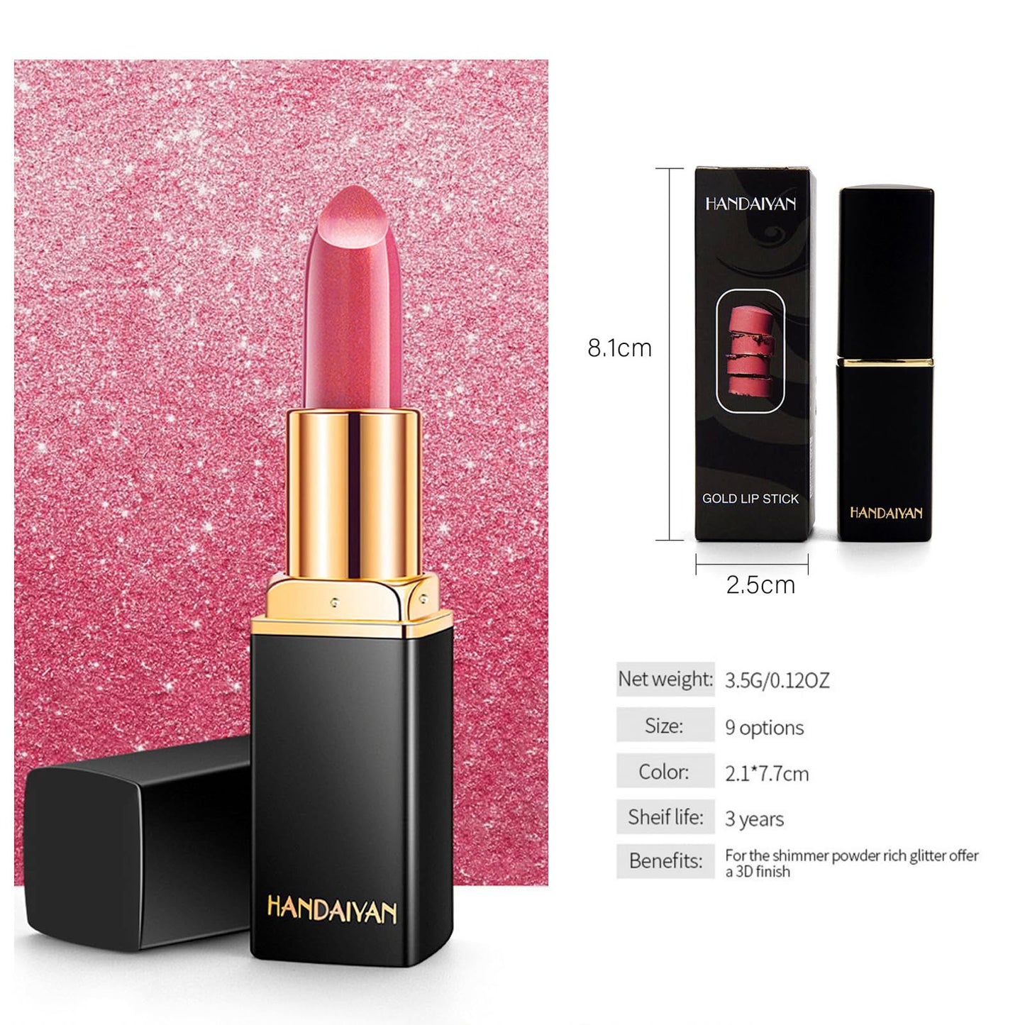 HAORQEE Pink Lipstick, Glitter Metallic Shimmer Lipsticks, Colour Changing Long Lasting Non-stick Cup Bright Pink Moisturizing Waterproof Sparkle Gift for Women Girls