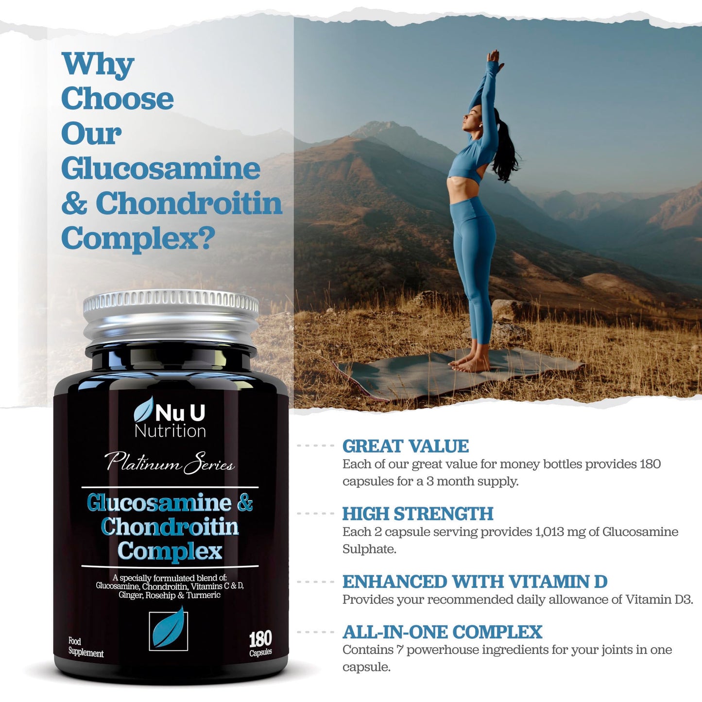 Glucosamine and Chondroitin High Strength Complex - 180 Capsules - with Turmeric, Ginger, Rosehip, Vitamin C & D - Joint Care Supplements for Women & Men - Made in The UK - Nu U Nutrition