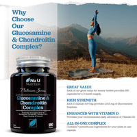 Glucosamine and Chondroitin High Strength Complex - 180 Capsules - with Turmeric, Ginger, Rosehip, Vitamin C & D - Joint Care Supplements for Women & Men - Made in The UK - Nu U Nutrition