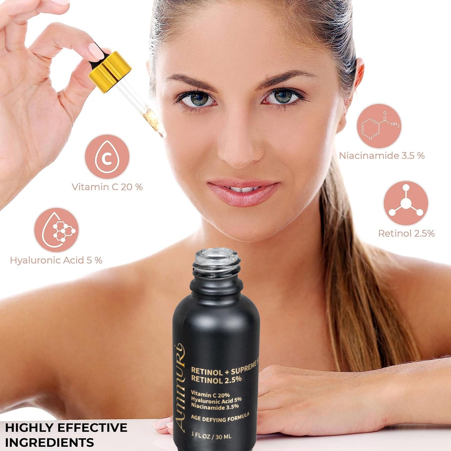 Ammuri Retinol + Supreme Serum 2.5% Vitamin C 20% with Hyaluronic Acid & Vitamin E, Face Serum, for Wrinkles, 5% Niacinamide 3.5% Anti Aging Skin Repair, Supercharged Face Serum