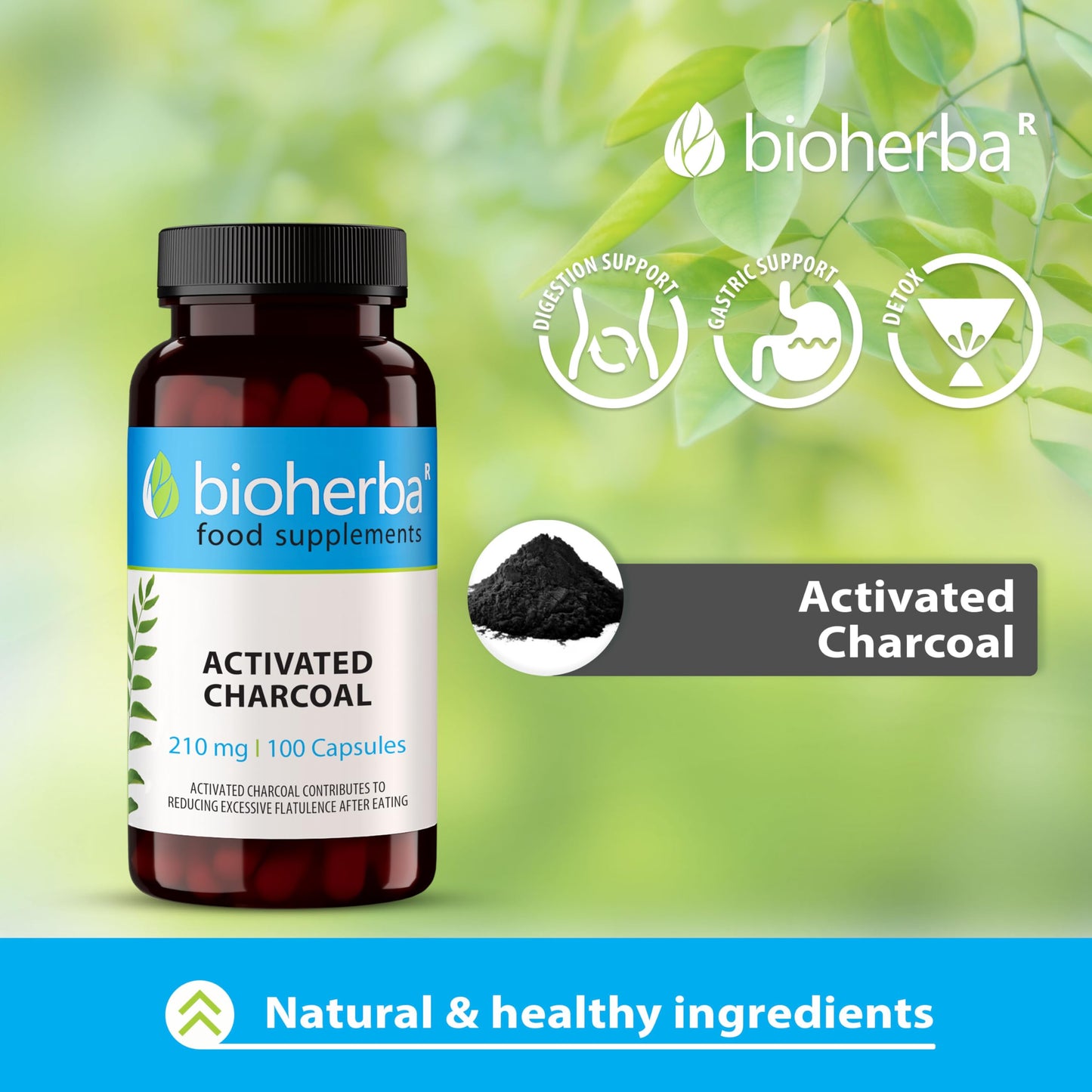 Activated Charcoal 210 mg – 300 Capsules Natural Detoxifying Supplement for Digestive Support and Bloating Relief by BIOHERBA