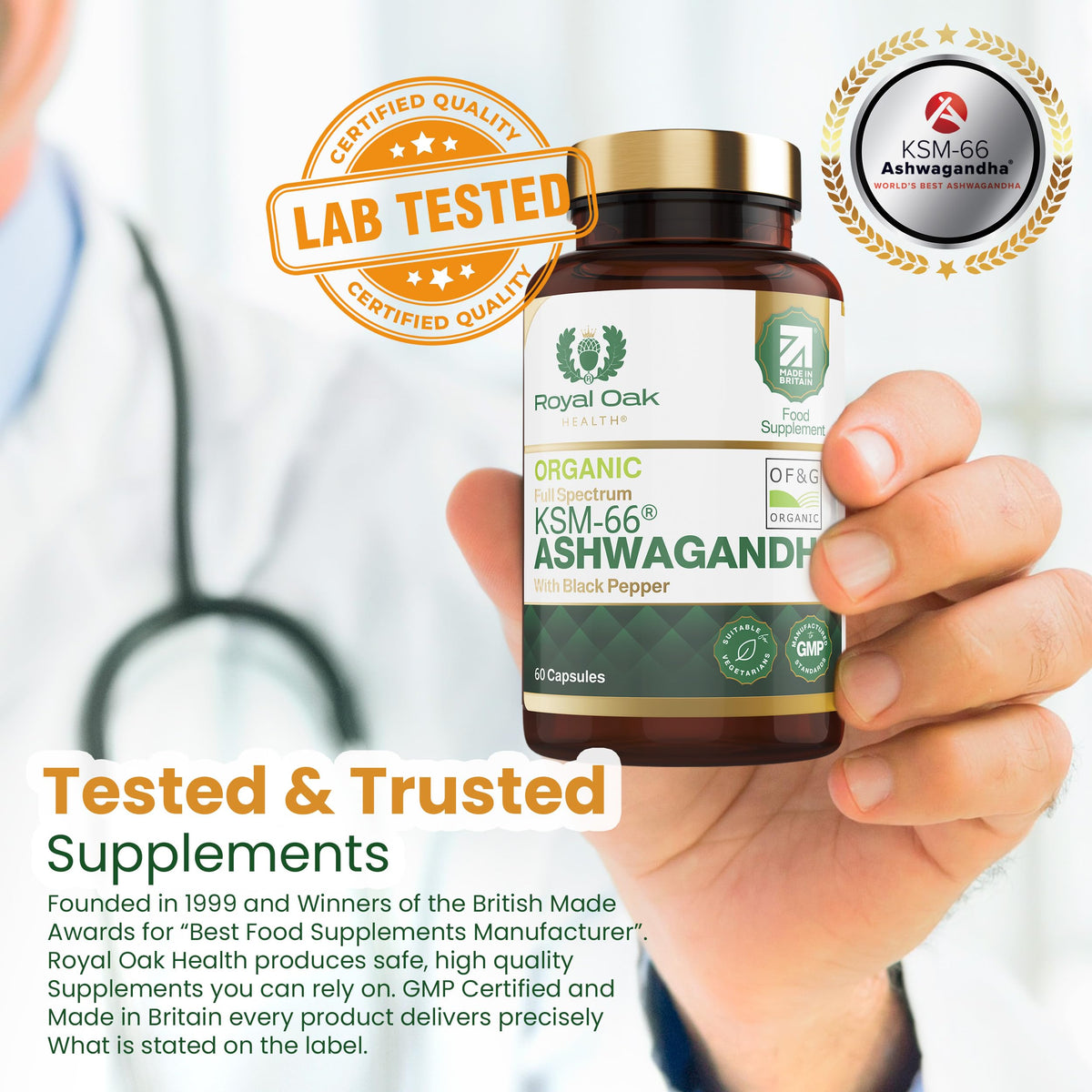 Organic High Concentration Full Spectrum KSM-66 ASHWAGANDHA with 5% Withanolides and Black Pepper, Made in Britain by Royal Oak Health, 60 Capsules