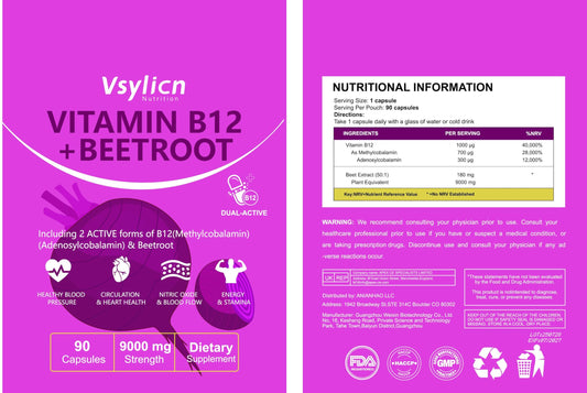 VSYLICN Beetroot & Vitamin B12 Complex - 9000mg Beetroot Extract & 1000mcg Dual B12 (Methylcobalamin & Adenosylcobalamin) - Energy & Immune Support - Red Blood Cell Production - 90 Capsules