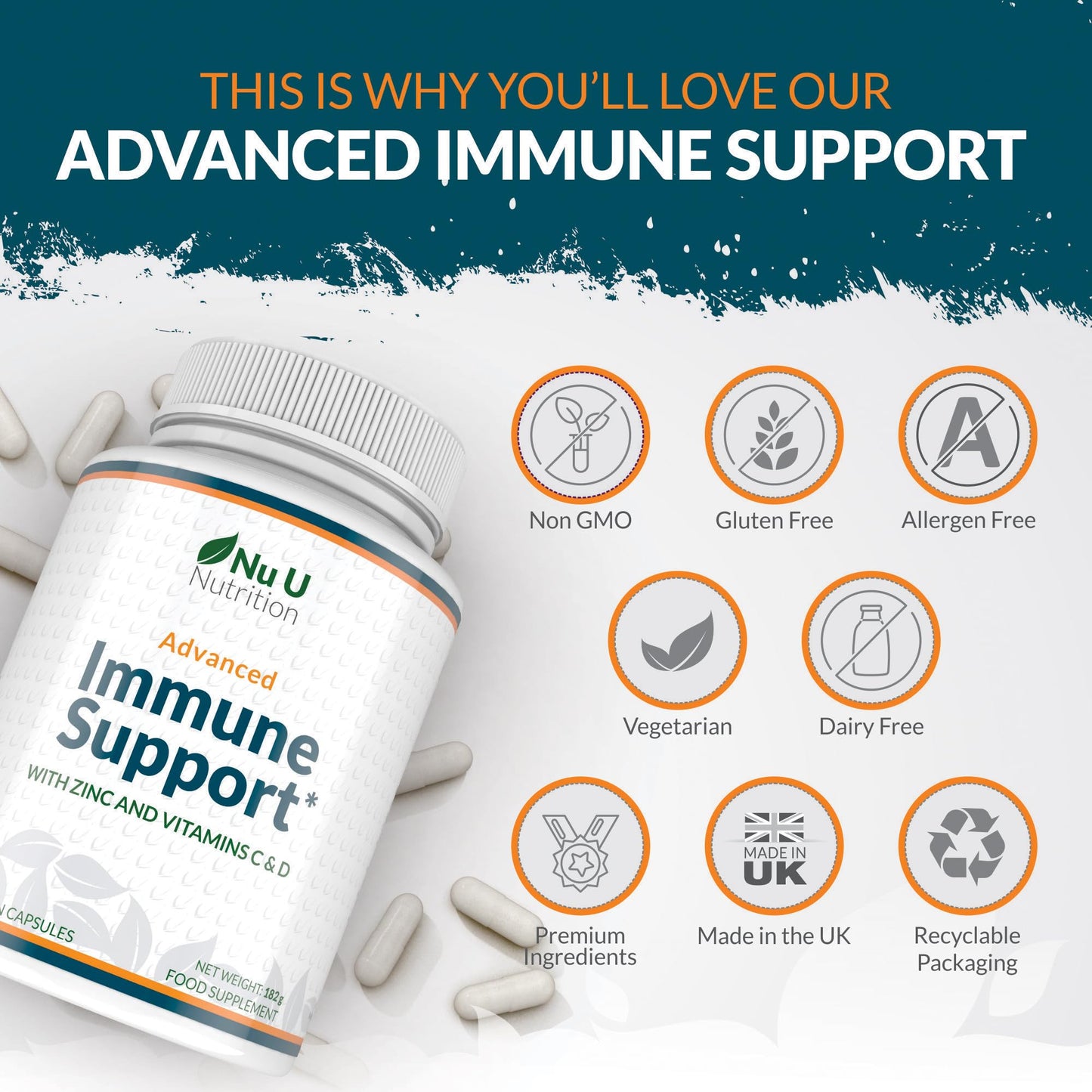 Immune Support - Vitamin C 1200mg and Zinc 40mg & Vitamin D3 1000IU - 180 Vegetarian Capsules - 3 Month Supply - Made in The UK by Nu U Nutrition