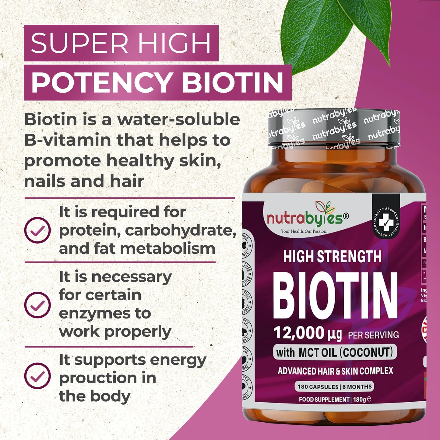 Biotin Hair Growth Supplement 12000mcg enriched with Coconut Oil (MCT), 180 Vegan Capsules, 6 Months Supply, Hair Growth Supplement Capsules for Men & Women, Healthy Skin, Hair, Nails - Made in UK