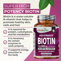 Biotin Hair Growth Supplement 12000mcg enriched with Coconut Oil (MCT), 180 Vegan Capsules, 6 Months Supply, Hair Growth Supplement Capsules for Men & Women, Healthy Skin, Hair, Nails - Made in UK