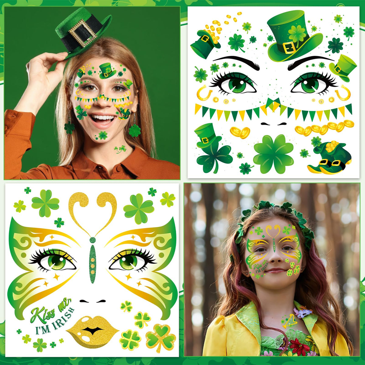 HOWAF 9pcs St Patricks Day Accessories Face Tattoos, Shamrock Face stickers Lucky Clover Leprechaun Irish Temporary Tattoos Stickers for St. Patrick's Day Decorations St Patricks Day Outfits Makeup