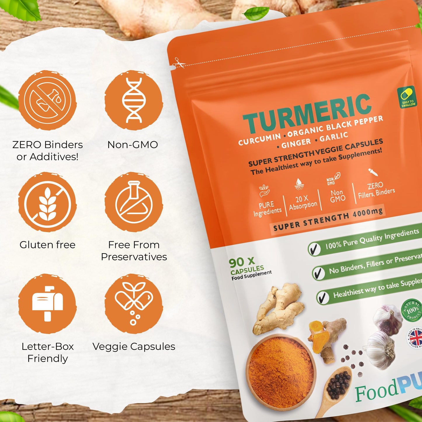 FoodPURA 90 x 4000mg Turmeric (Curcumin), Ginger, Garlic & Organic Black Pepper Capsules HACCP Certified, Manufactured in The UK by FoodPURA (90)