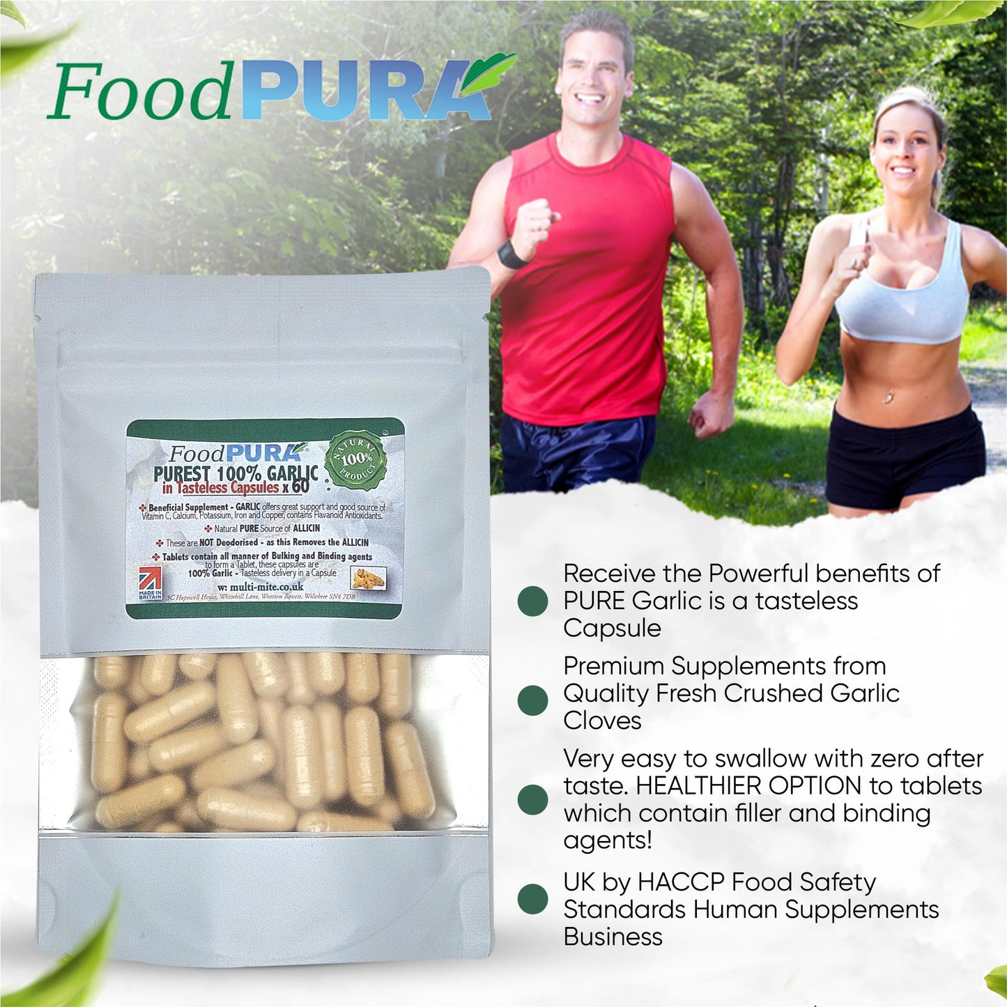 FoodPURA Pure Garlic Capsules Recommended Daily Strength 1000mg HACCP Certified, Manufactured in The UK by FoodPURA 1 Pack of 60 Capsules