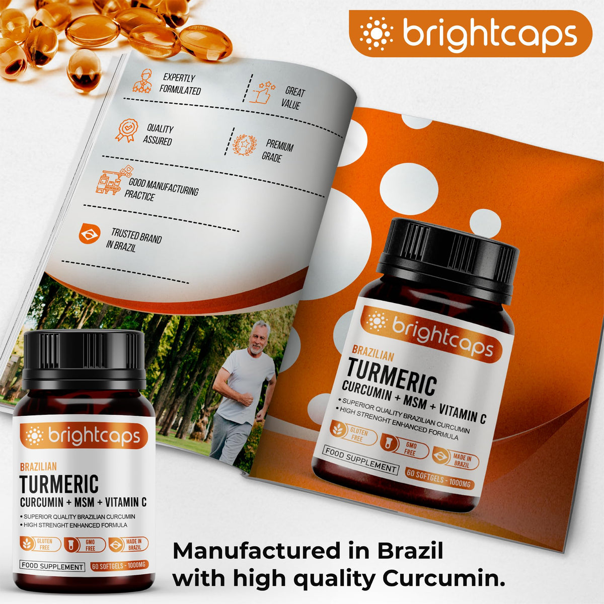 Brightcaps MSM (Methylsulfonylmethane) with Turmeric Full Spectrum Curcumin (95% Curcuminoids) & Vitamin C | Immune System & Health Support | Joint Care Support | 1000mg Sofgels