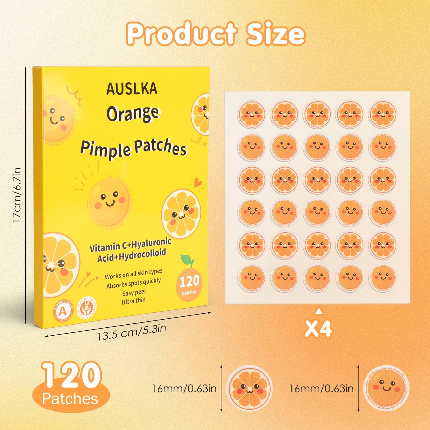 AUSLKA Pimple Patches Hydrocolloid Patches, Orange Shape Pimple Patches for Face, Zit Patches Contain Vitamin C, Cute Blemish Patches for Women, 120 Patches Cover Spot in Skin
