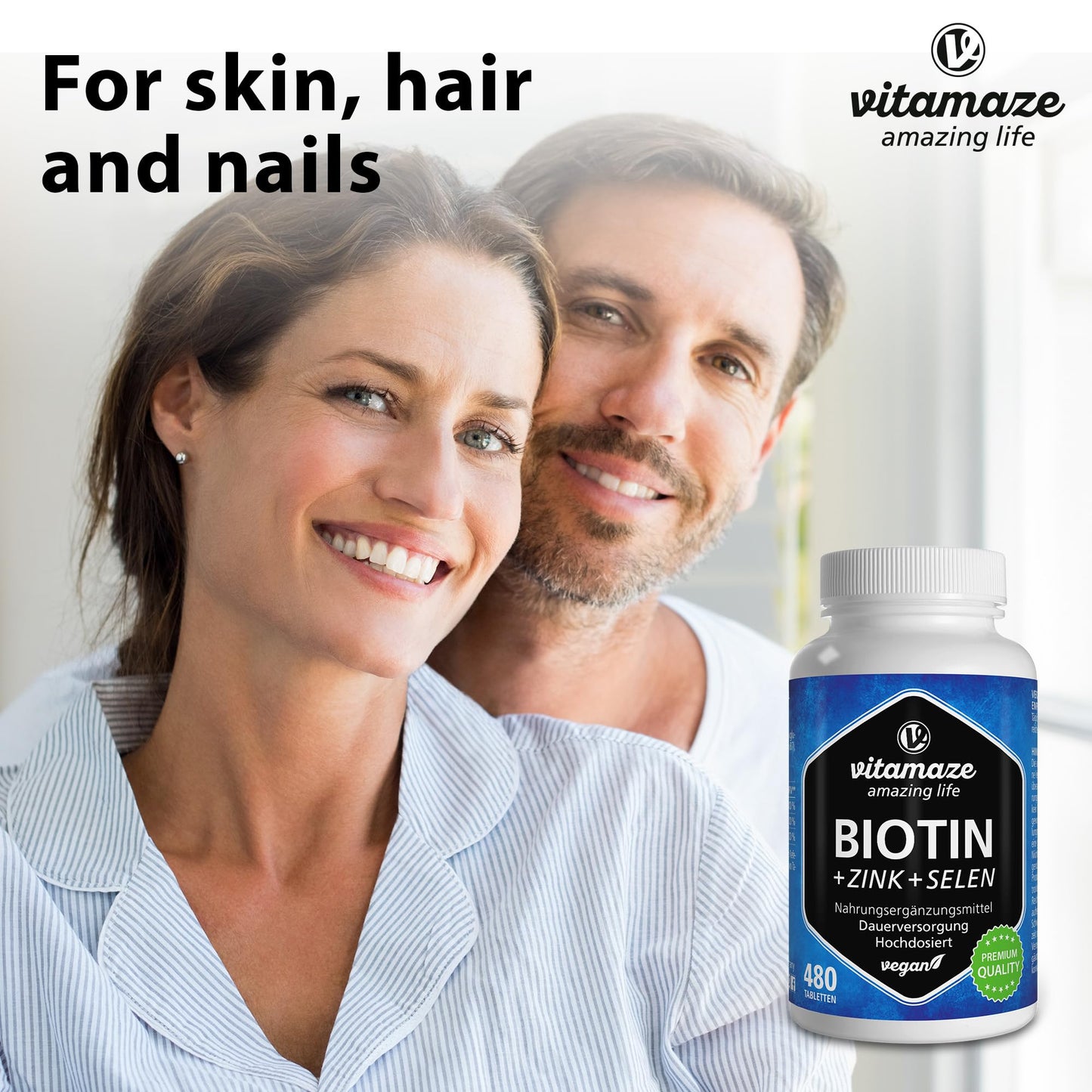 Biotin Hair Growth 10.000 mcg Complex - with Selenium and Zinc - 480 Days Supply for Hair, Skin and Nails - 480 Vegan Tablets - German Quality - Vitamaze®