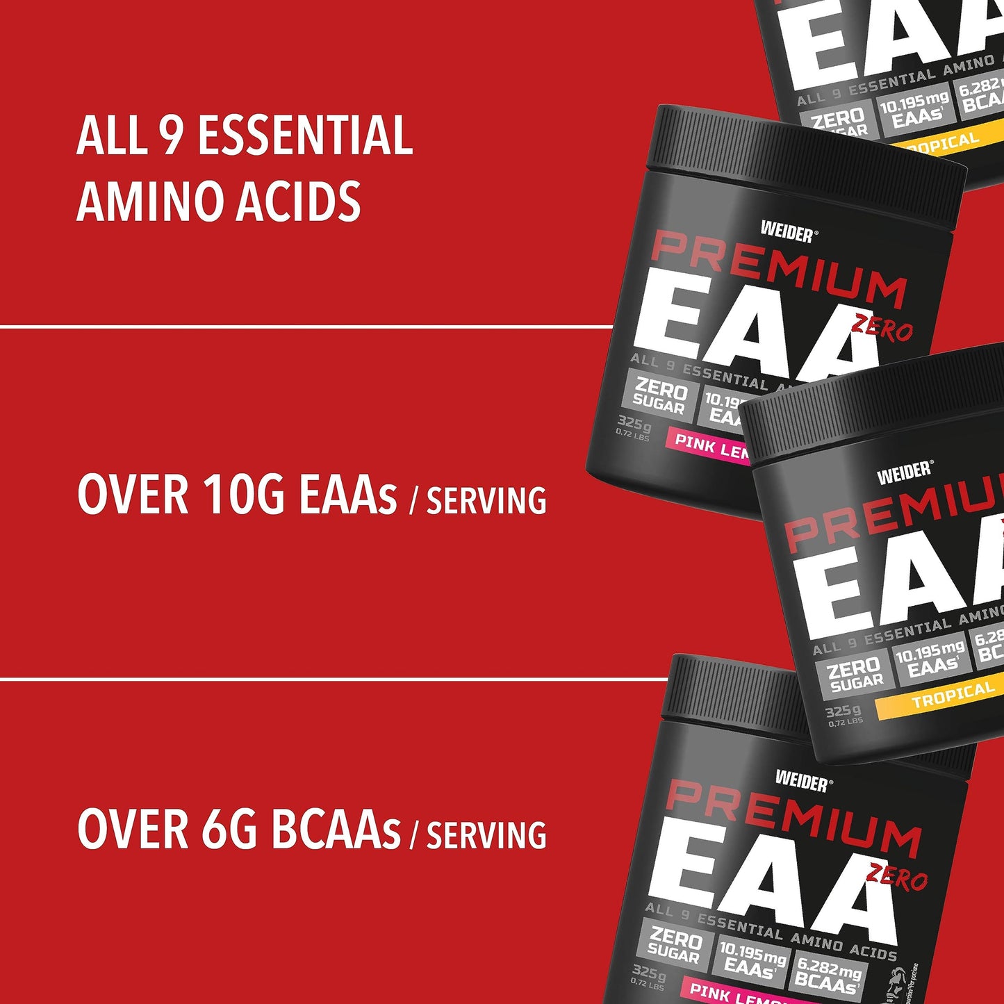 Weider Premium EAA Zero (325g) Tropical Flavour. All 9 Essential Amino Acids, with 10.195mg EAAs + 6.282mg BCAAs per Serving, Zero Sugar, No Fat, Vegan, No Artificial Colours, No Fillers