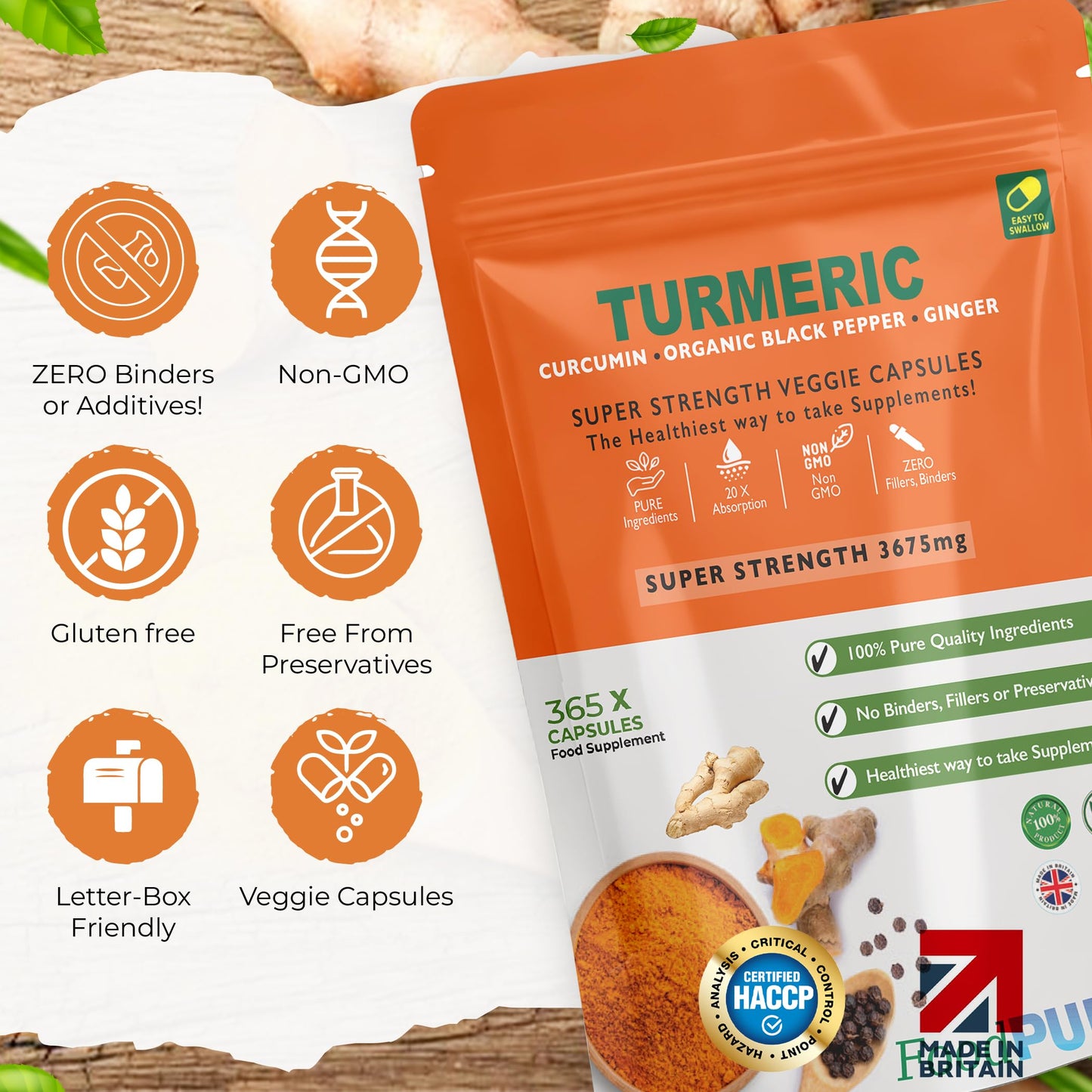 FoodPURA Turmeric Curcumin Capsules with Black Pepper & Ginger High Strength 3675mg HACCP Certified, Manufactured in The UK by FoodPURA (365)