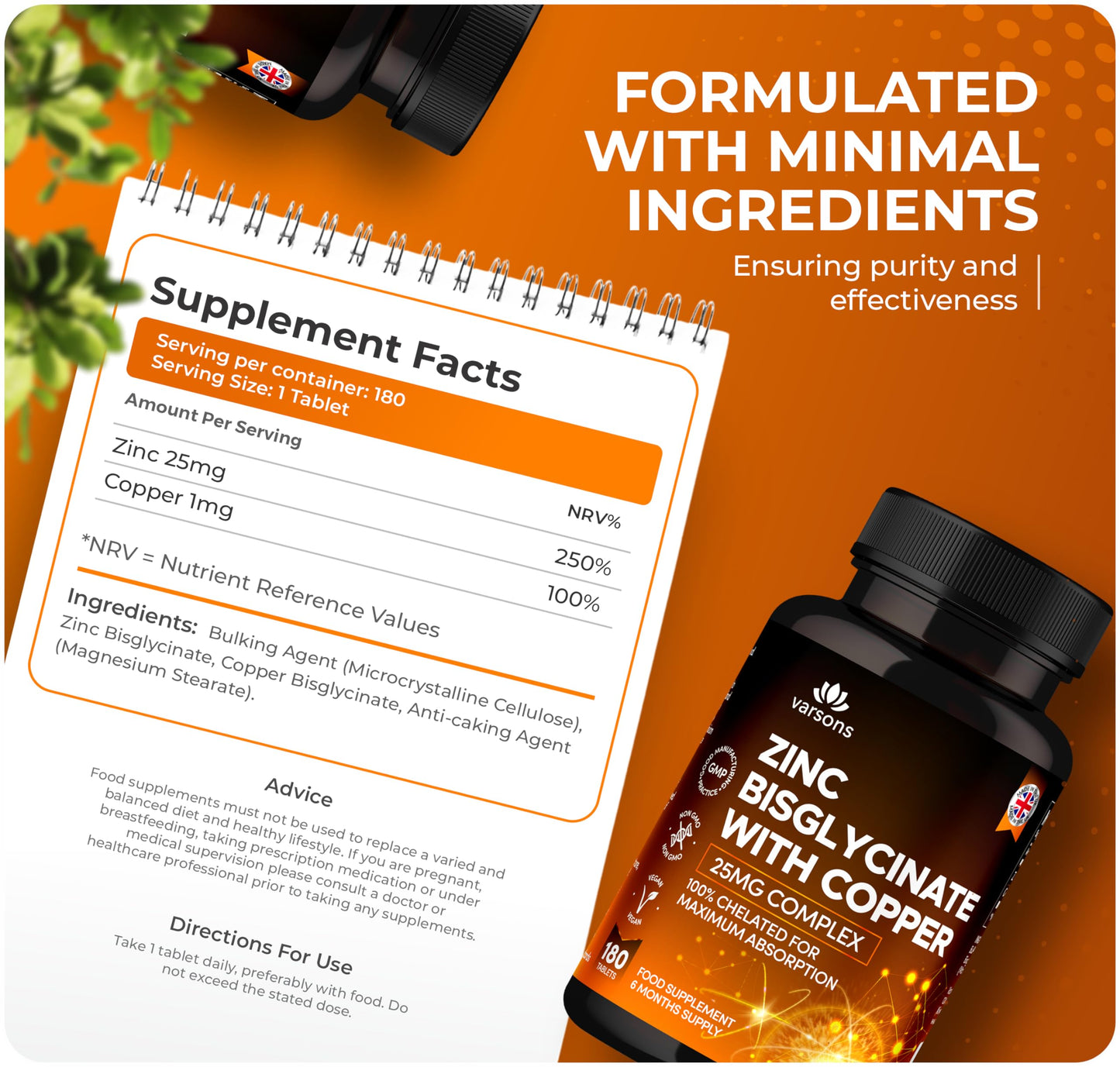 Zinc Bisglycinate 25mg with Copper, 6 Months Supply - Fully Chelated, Contributes Towards Immunity Support, Bones, Hair, Skin & Nails, Suitable for Vegans, Made in The UK