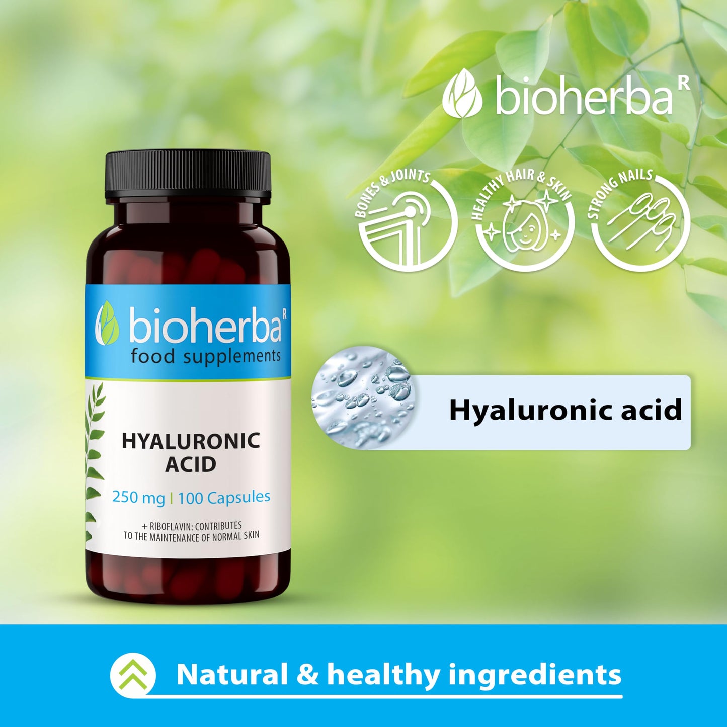 Hyaluronic Acid 250 mg – 300 Capsules with Vitamin B2 | Daily Supplement for Skin Hydration and Wellness by BIOHERBA