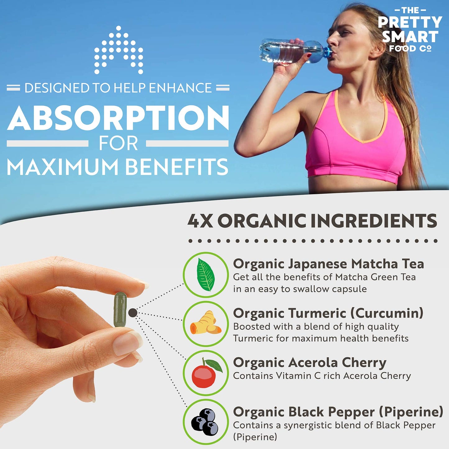 Green Tea Extract Capsules - Organic Matcha Green Tea Tablets - Boosted with Turmeric, Acerola Cherry & Black Pepper - 1360MG Complex - Green Tea Supplement - 60 Capsules - UK Made