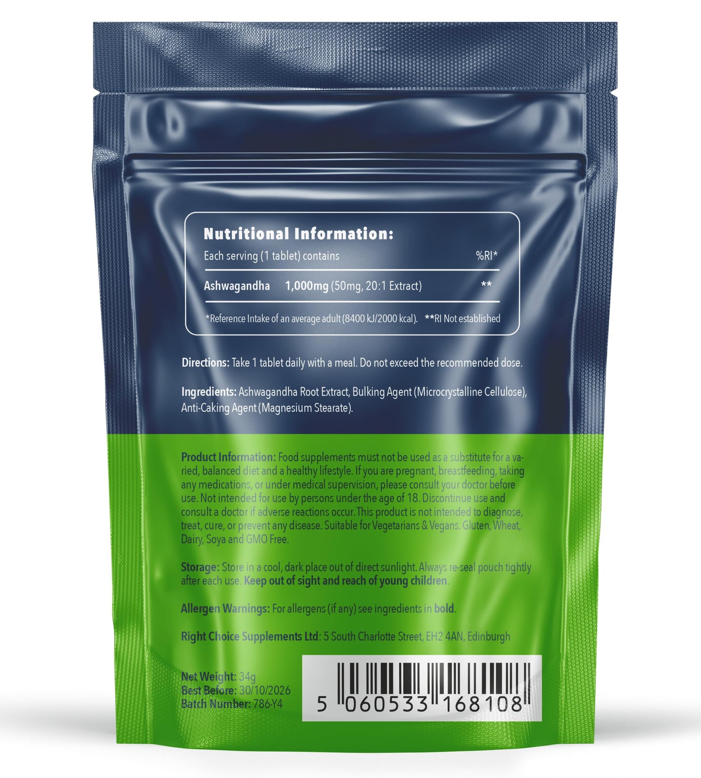 Right Choice Supplements Ashwagandha 1000mg - Pure High Strength Root Extract Supplement for Mood Stress & Stamina (not Capsules) - KSM-66 Ayurveda Also Known As Withania Somnifera - 90 Vegan Tablets Made in The U.K