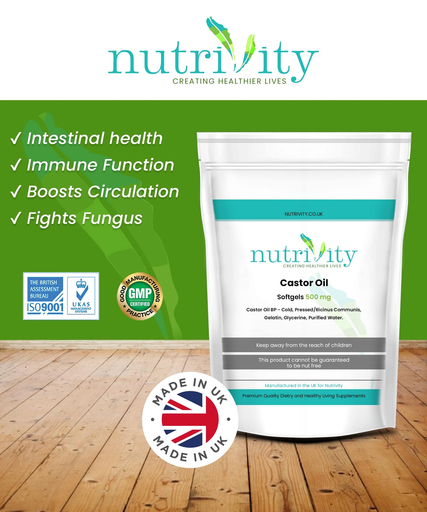 Castor Oil 500mg Soft Gels | Intestinal Help | Constipation Relief | Healthy Hair & Skin | Halal | 1 Month Supply | Made in The UK to GMP Standards by Nutrivity