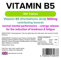 Lindens Vitamin B5 500mg Tablets - 360 Pack - 7666% Nrv Dose Contributes Towards Mental Performance, Normal Metabolism & Reduction of Tiredness - UK Manufacturer, Letterbox Friendly