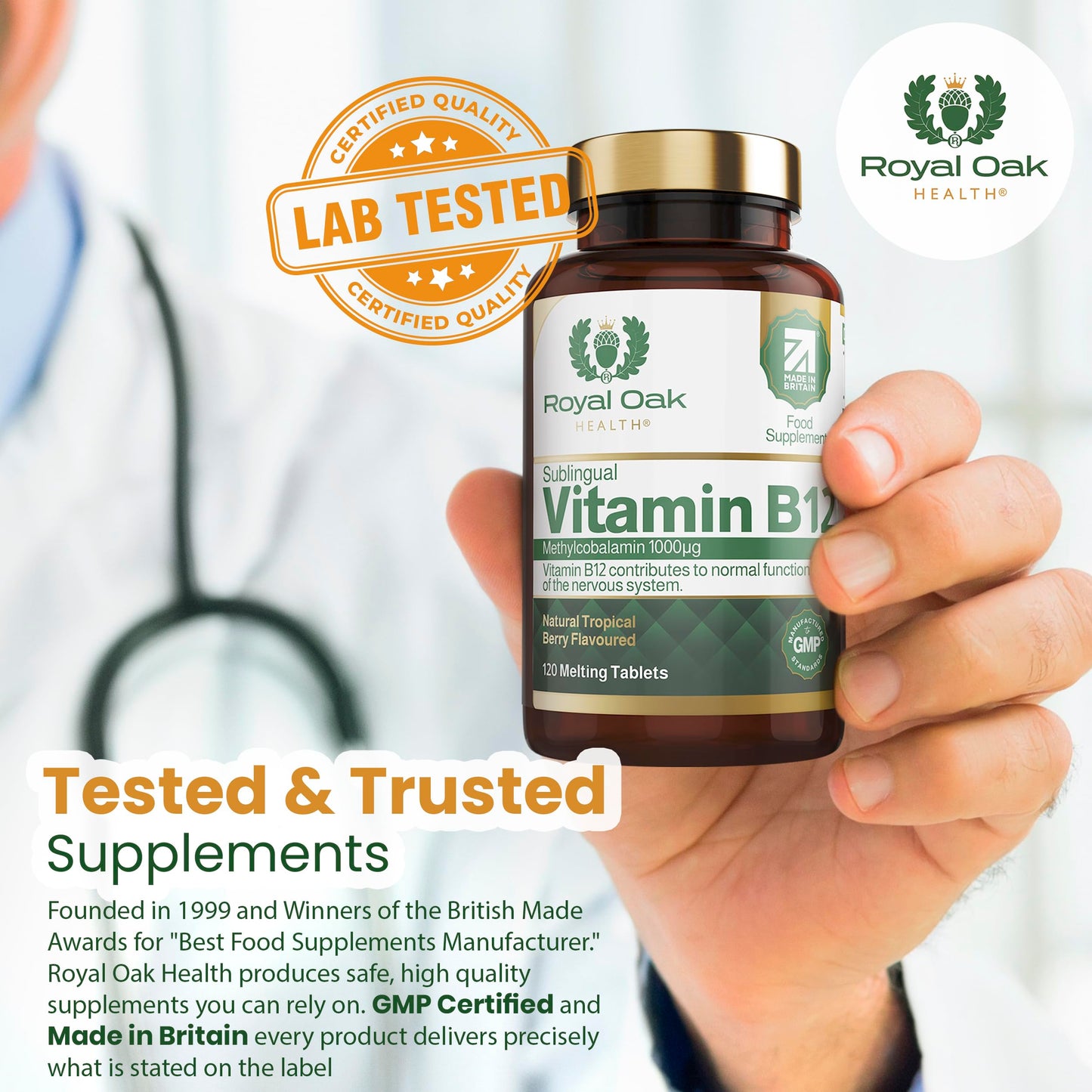 Vitamin B12 Tablets High Strength 1000mcg Sublingual Methylcobalamin, x120 Tablets (Tropical Berry Flavour) Active fast dissolving Vit B12 (4 Month Supply) Vegan Friendly Supplement - Royal Oak Health