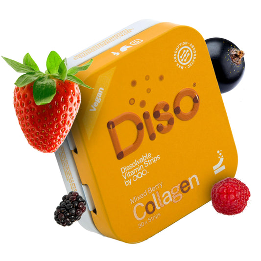 OQO Diso Collagen Supplements for Women & Men with Biotin (1000mcg), Tin of 30 Oral Dissolvable Strips for Fast Absorption Skin Care, Joint Support, Vegan, Sugar-Free, Gluten-Free (Mixed Berry)