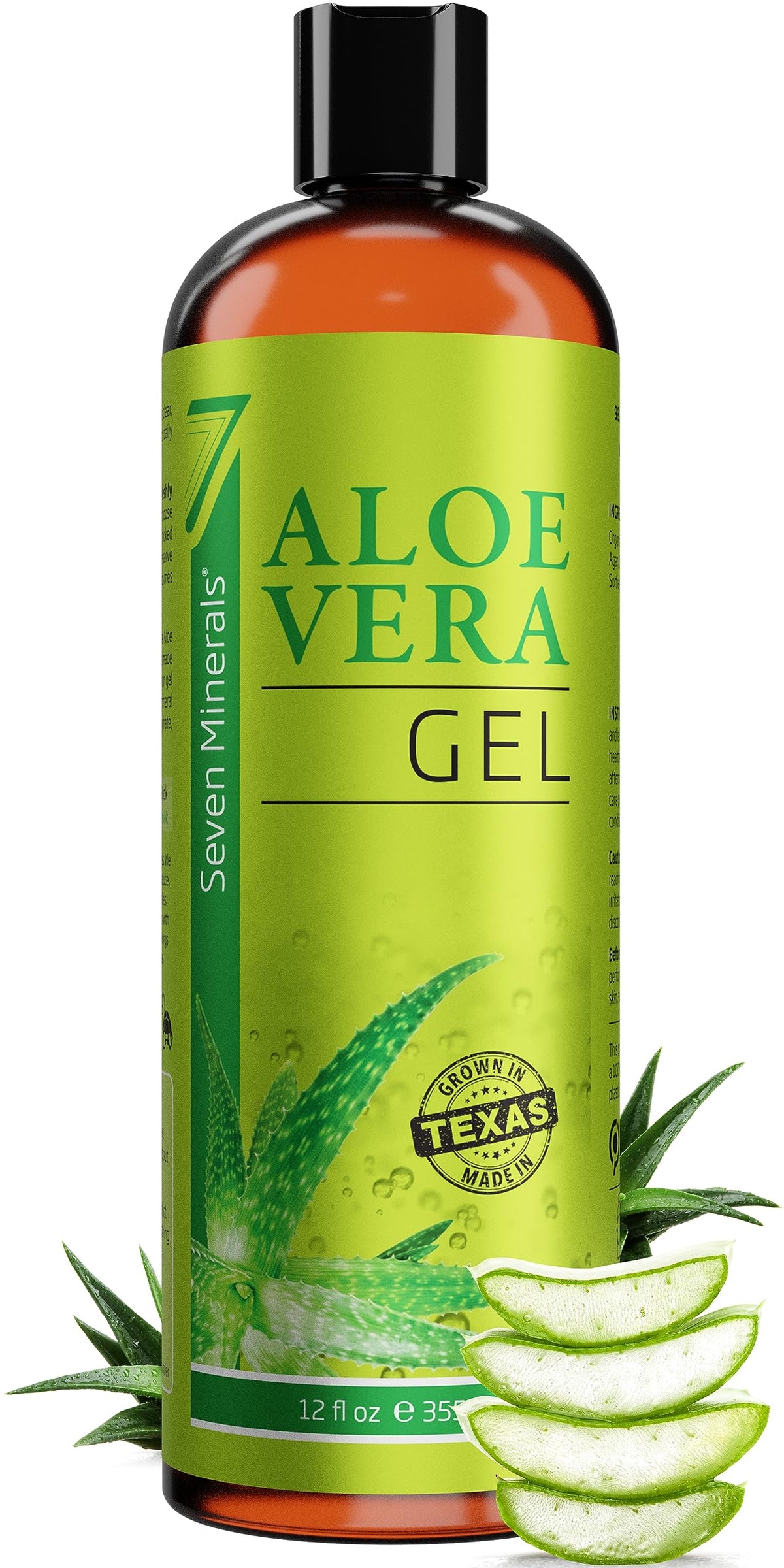 Seven Minerals Organic Aloe Vera Gel with 100% Pure Aloe from Freshly Cut Aloe - NO ACRYLATES & CROSSPOLYMERS, so it absorbs Rapidly with No Sticky Residue - Big 355 ml / 12 fl oz