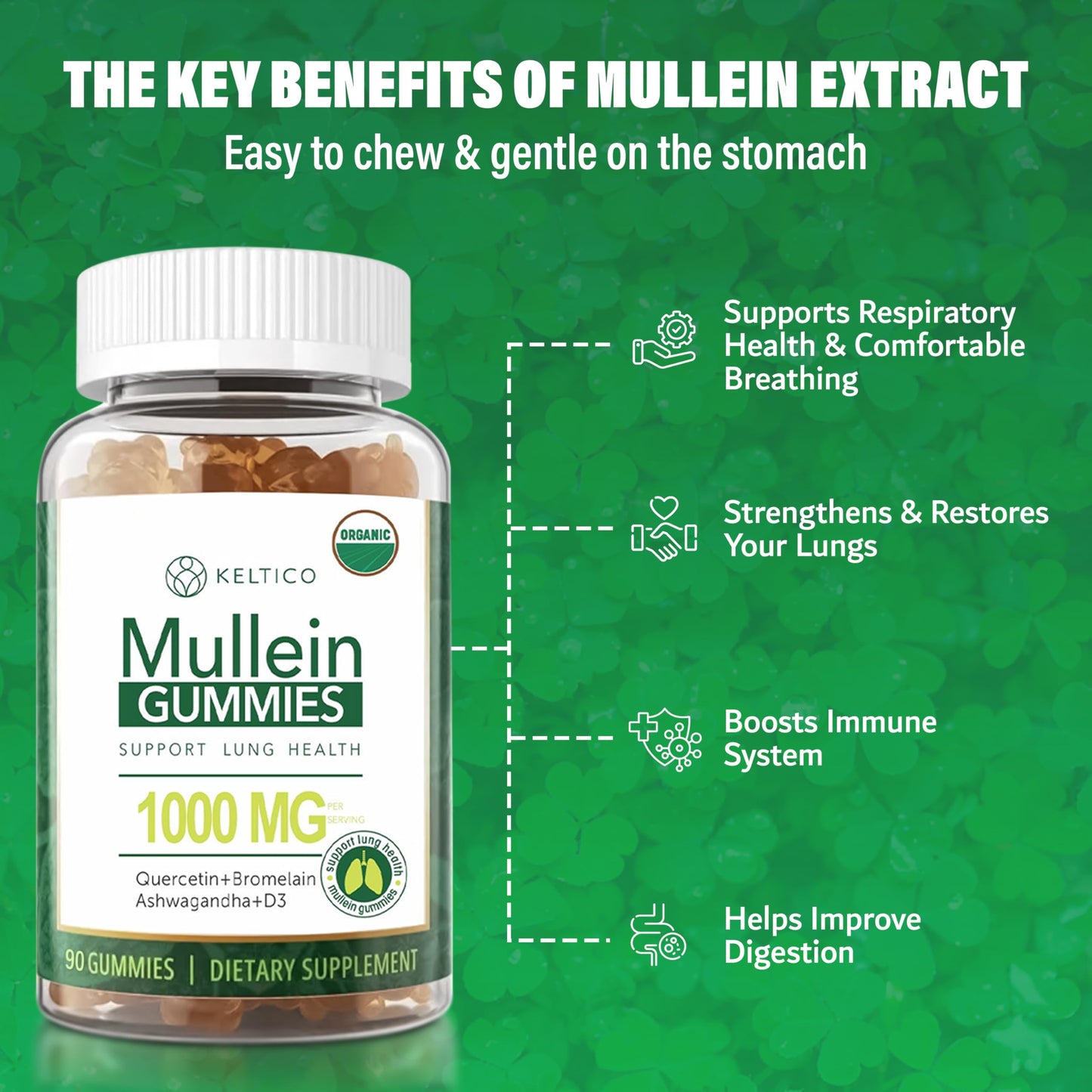 Keltico Mullein Gummies - Mullein Leaf Extract for Lungs - 1000mg Mullein - 200mg Ashwagandha - 400mg Quercetin - Bromelain - Alternative to Mullein Drops,Capsules & Mullein Tea - Mucus Remover & Mucus Relief