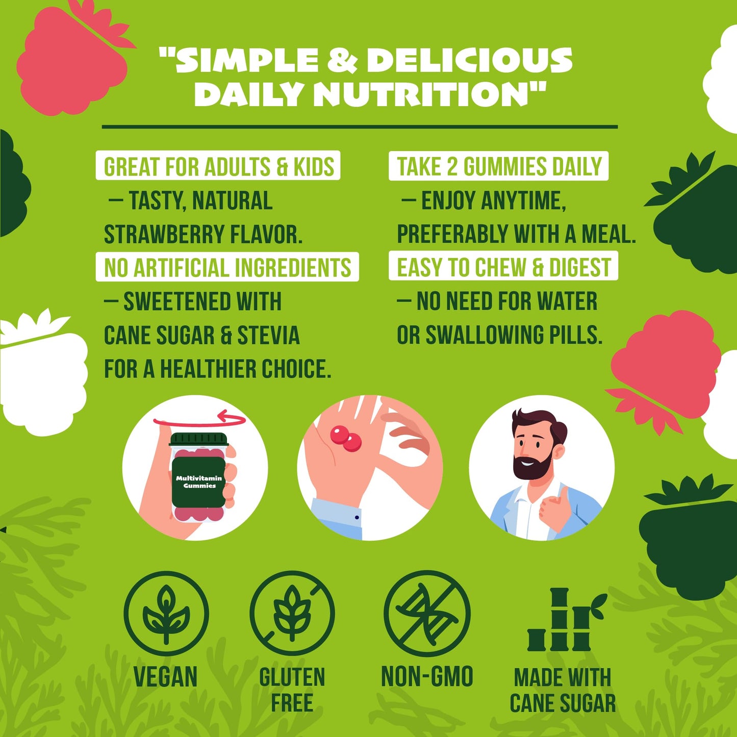 New Earth Essentials Multivitamin Gummies with Vitamin A,B,C,D,E, B6 B12, Biotin, Zinc | Made with Cane Sugar