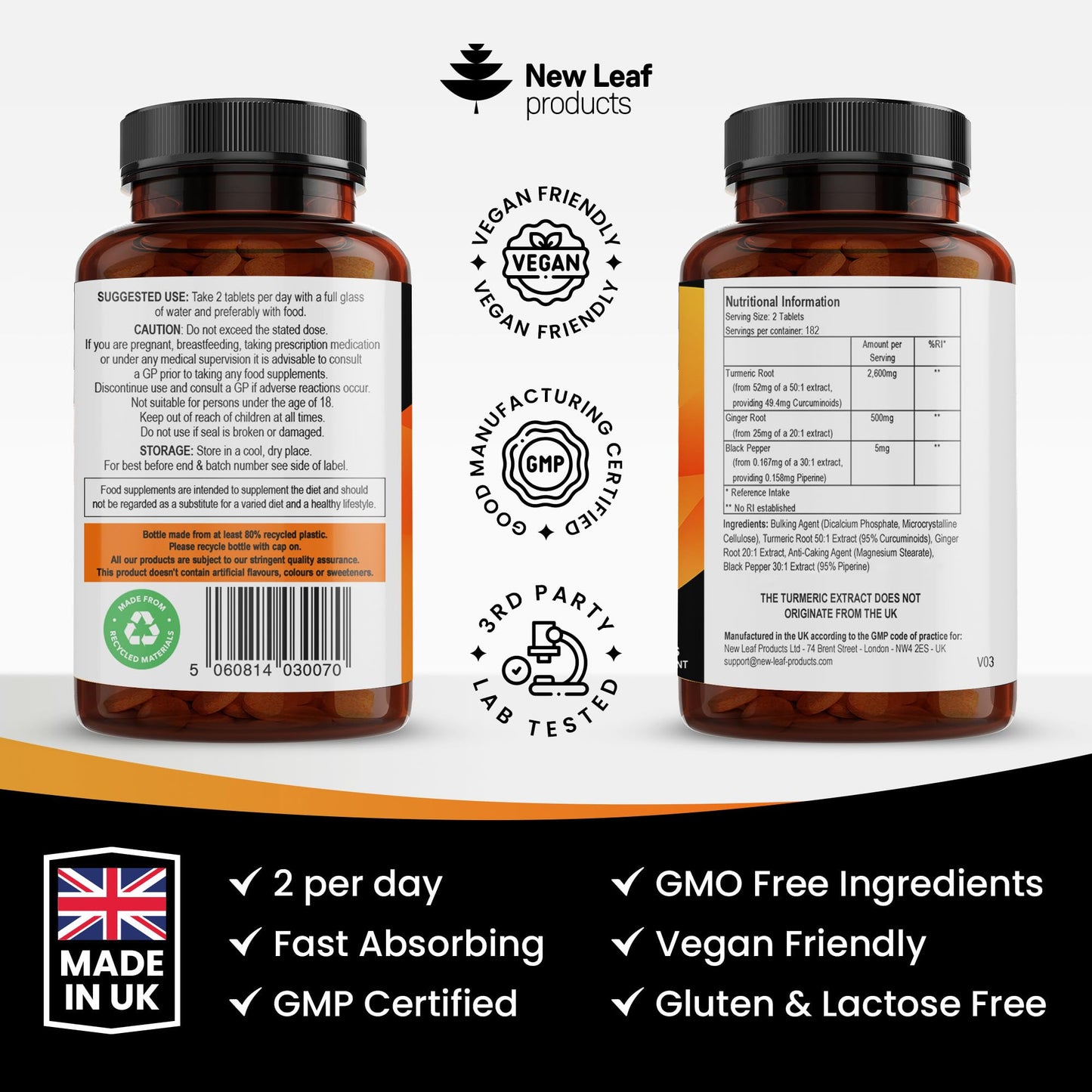 NEW LEAF PRODUCTS Turmeric Tablets 2600mg High Strength with Black Pepper & Ginger (6 Months Supply) Active 95% Turmeric Curcumin Supplements 365 Tablets Not Capsules, Vegan, UK Made by New Leaf