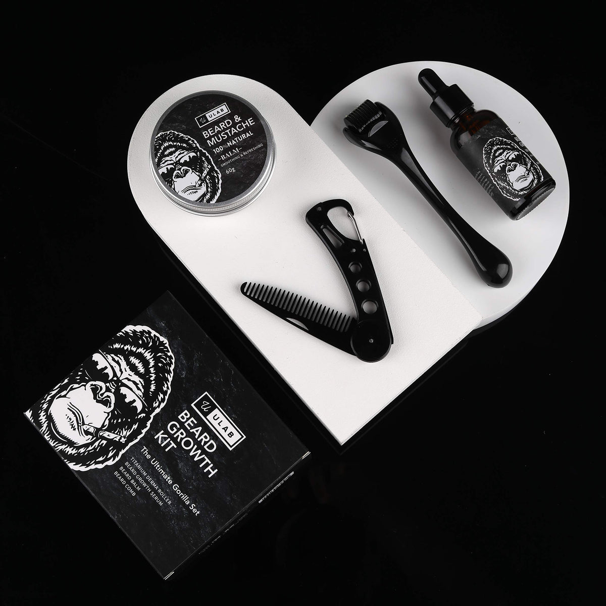 uLab Ultimate Gorilla Beard Growth Kit with Derma Roller, Beard Oil, Beard Balm and Foldable Styling Comb - Gift Set for Men For Beard Growth, Styling and Care - Contains Microneedle Titanium Roller
